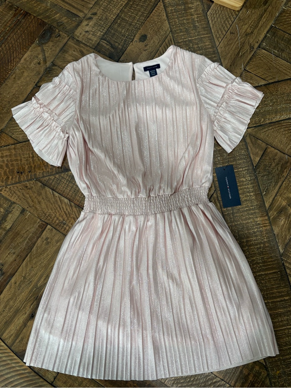 NWT Tommy Hilfiger Girl 12 Blush Pink Metallic Pleated Ruffle Sleeve Party Dress